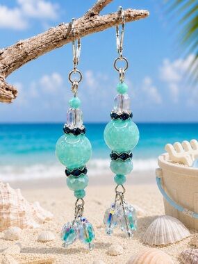 Aqua Chalcedony Microcrystalline Quartz & Crystals Blue Beaded Dangle Earrings